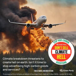 A passenger jet flies through a forest fire - logo: Don't Sell Climate Hell - Green Party